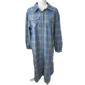NEW Boutique Plaid Button Front Shirt Dress Blue & Green Pockets long sleeve